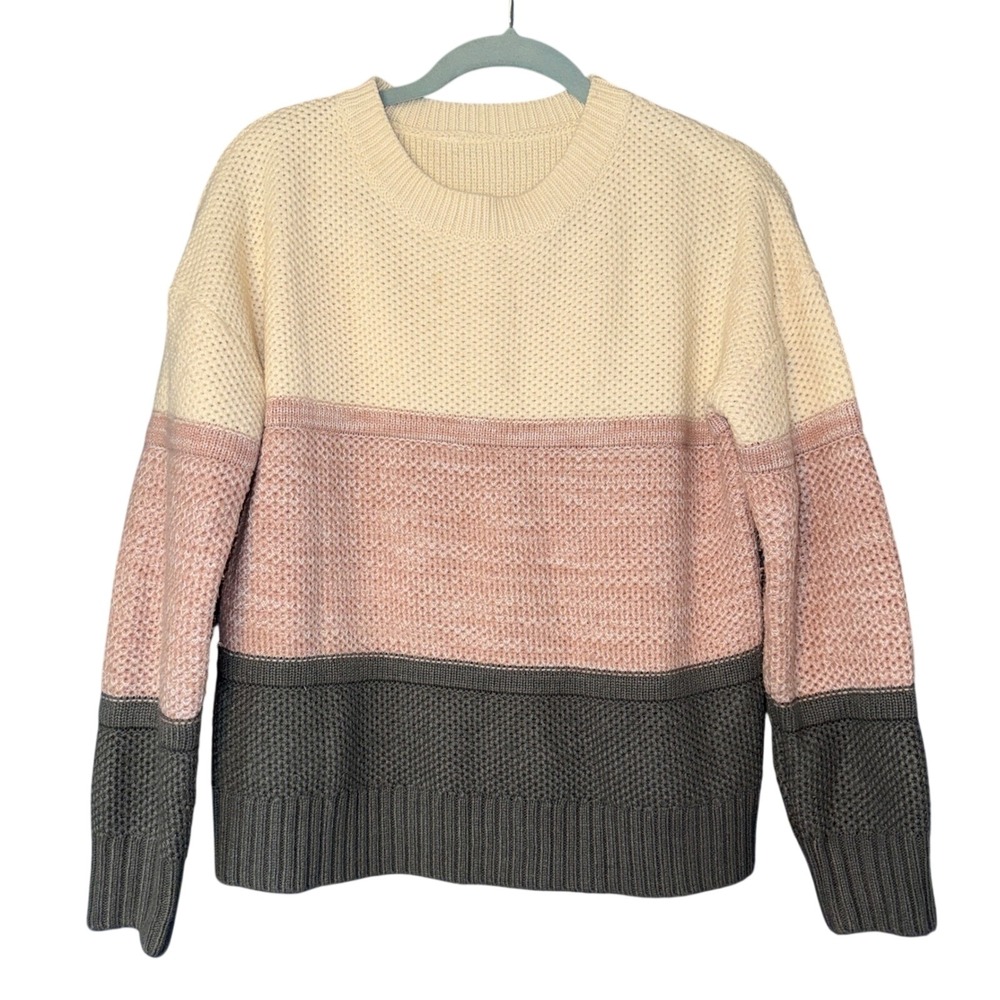 Colorblock Chunky Knit Sweater Cozy Pastel Women Medium Pink Gray White Comfort